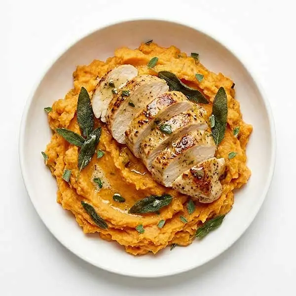 Sage butter Baked Chicken with Mashed Sweet Potatoes